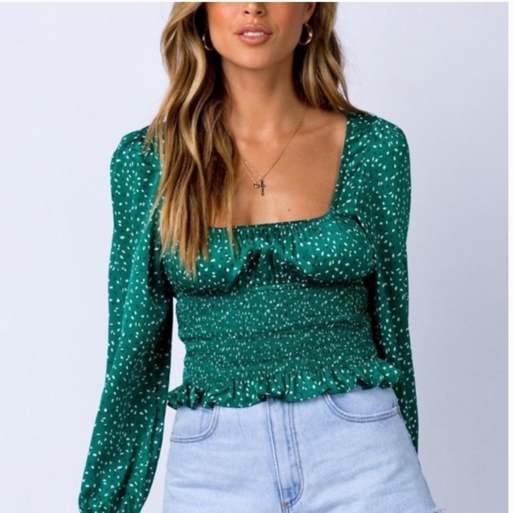 PRINCESS POLLY Melvin Top Green Milkmaid Long Sleeve
